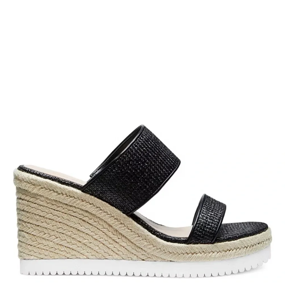 Stuart Weitzman Mykonos Two-Strap Wedge Sandals Herringbone Raffia & Black 38.5 - Picture 1 of 12